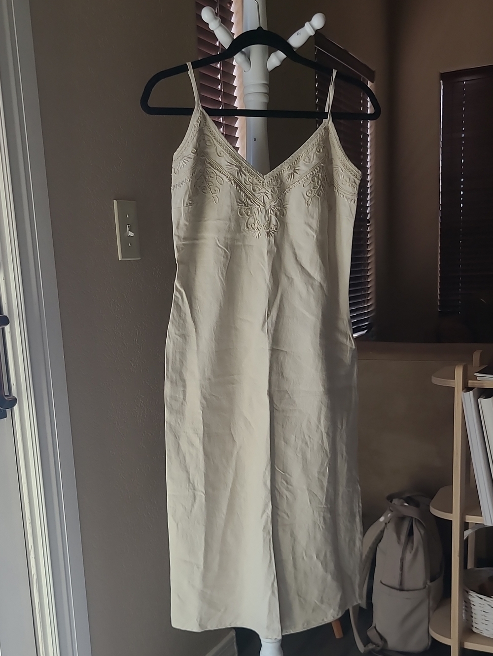 Cream Embroidered V-Neck Slip Dress